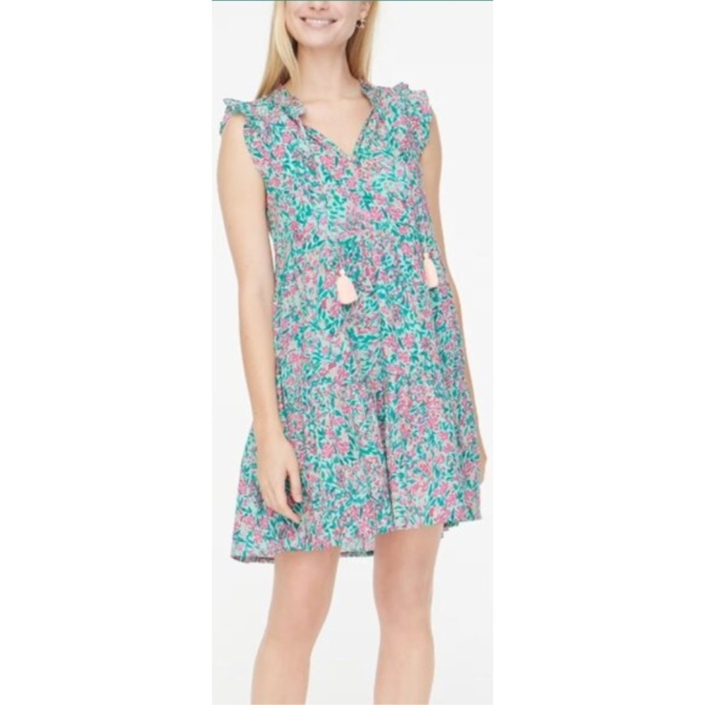 J. Crew Tiered Floral Ruffle V Neck Tassel Dress XS Mint Pink Green NWT $98